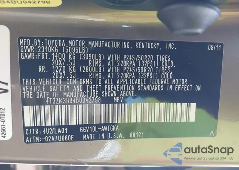 2011 Toyota Venza Base V6 z USA, uszkodzony, nr VIN 4T3ZK3BB4BU042798